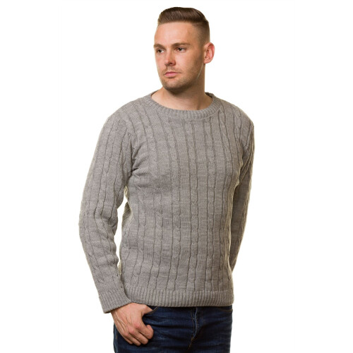 (Silver, L) Malay New Mens Chunky Cable Knit Pullover Jumper Thick Worm Winter Sweater