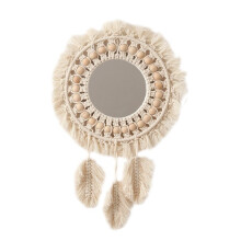 Woven Hanging Wall Mirror Boho Macrame Leaf Pendant Art Decoration for Apartment Living Room Bedroom Baby Nursery G99A