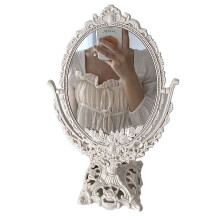 Cutelife Nordic Silver Plastic Vintage Decorative Mirror Small Round Make-up Bedroom Mirror Ins Table Room Standing Glass Mirror