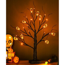 Halloween Tree, Black Spooky Tree with 24LED Orange Lights and 10 Pumpkin Ornaments Battery Powered 18IN Lighted Halloween Bonsai Tree