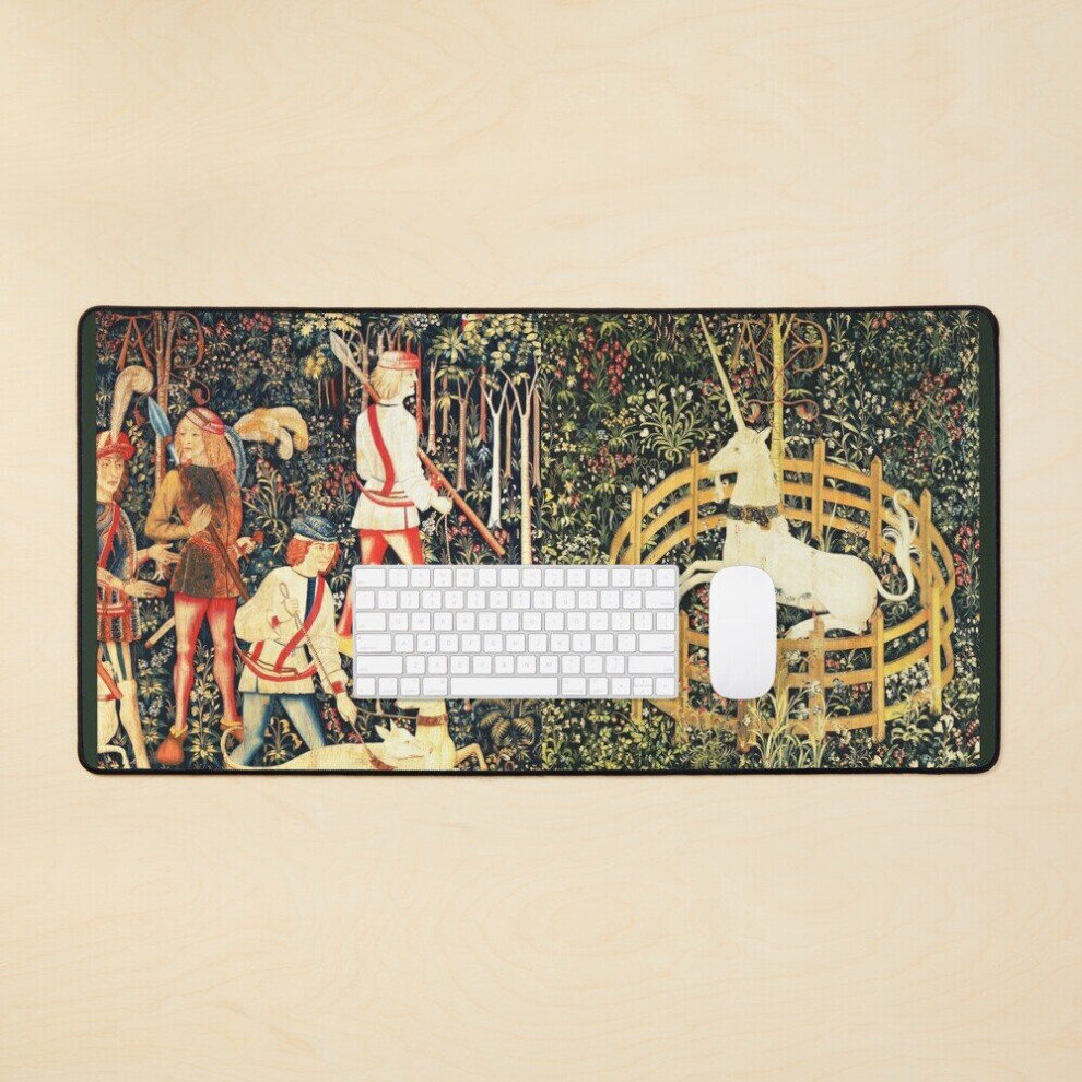 Desk Mat Hunters And Unicorn Captured In Woodland Floral Large Gaming Mouse Pad 35X16 Inch Green 7802738408270