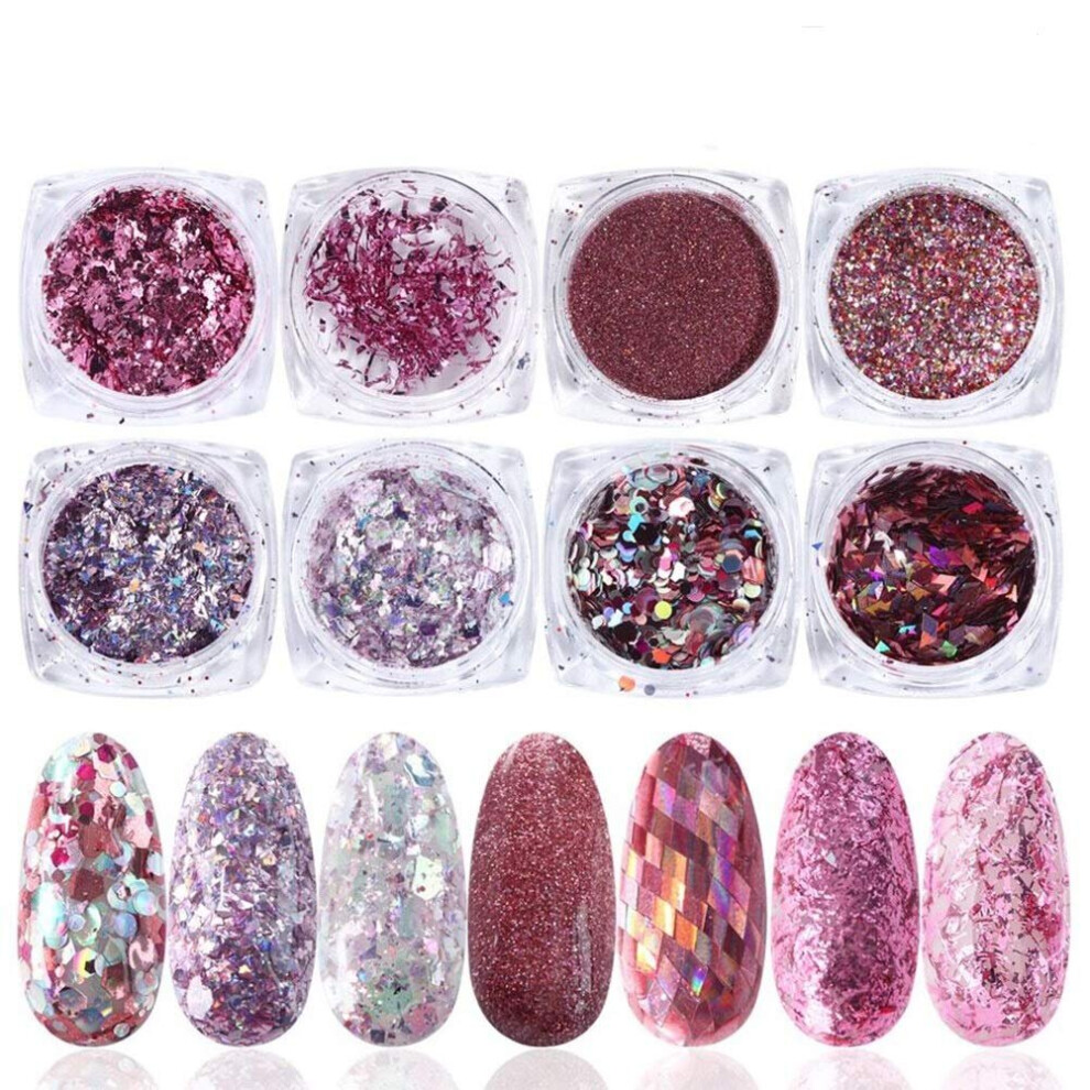 Nail Art Sequins Glitter, 8 Boxes Rose Gold Pink Nail Flakes Colorful Mixed Nail  Glitter