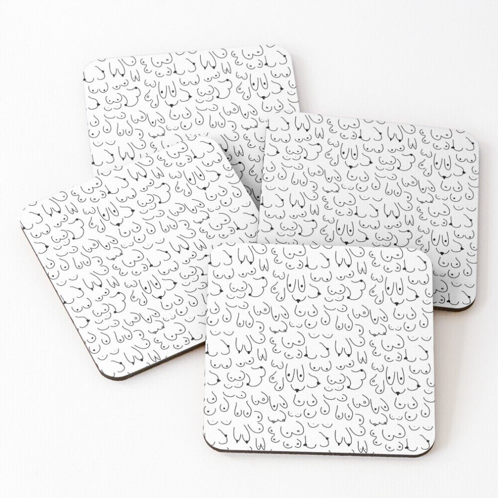 Whibos Leather Coasters Boobs Cute Linework Line Art Illustration Hand Drawing Of Various Mixed Boob Breast Shapes Set Of 4 / 4 X 4 Inch