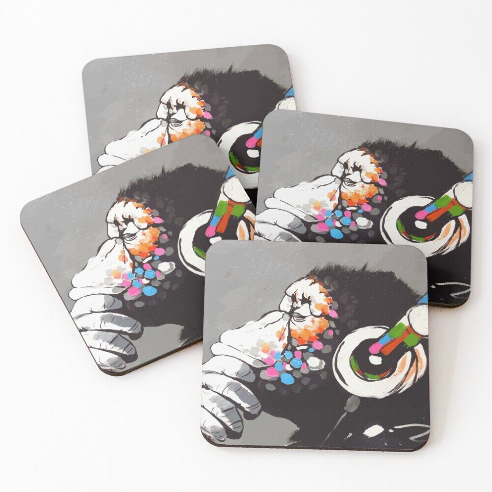 Leather Coasters Banksy DJ Monkey Thinker with Headphones Set of 4 / 4 x 4 inch