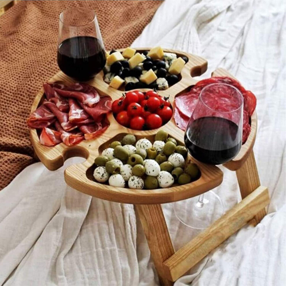 2021 New Folding Wooden Outdoor Picnic Table With Glass Holder, 2-in-1 Wine Glass Shelf And Snack