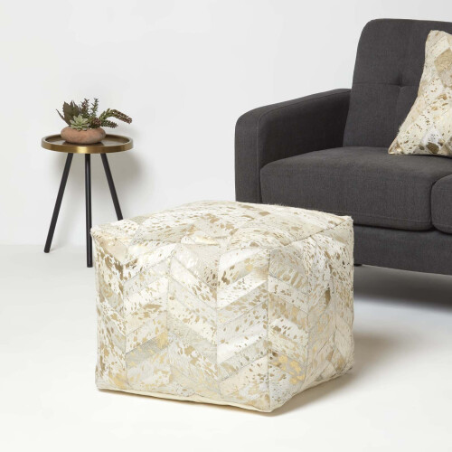Homescapes Gold & Grey Geometric Diamond Leather Pouffe Bean Cube 1