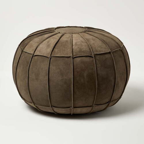 Homescapes Brown Leather & Suede Round Pouffe Footstool