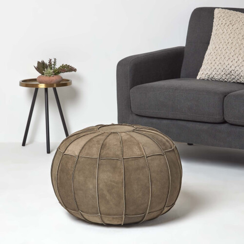 Homescapes Brown Leather & Suede Round Pouffe Footstool 1