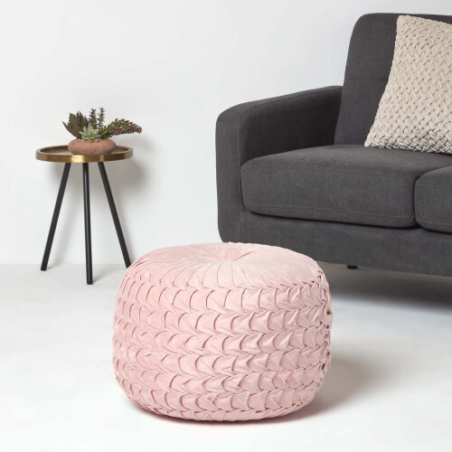 Homescapes (Pink) Grace Pleated Velvet Pouffe 1