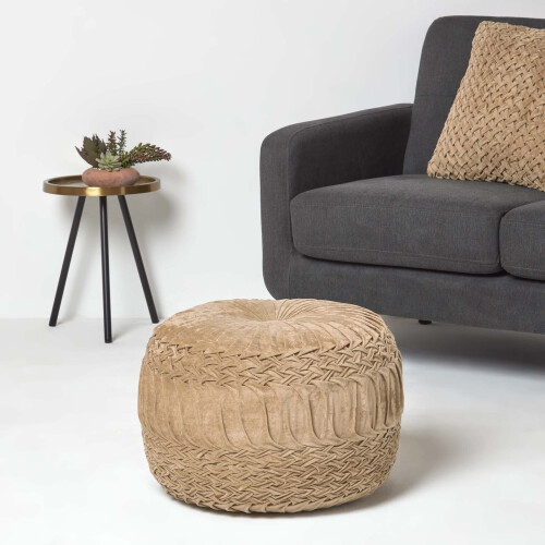 Homescapes (Beige Taupe) Sofia Pleated Velvet Pouffe 1