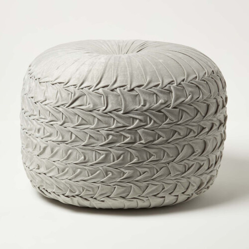 Homescapes (Grey) Grace Pleated Velvet Pouffe