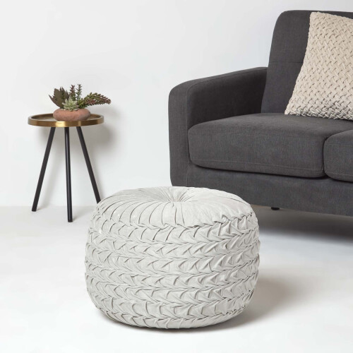 Homescapes (Grey) Grace Pleated Velvet Pouffe 1