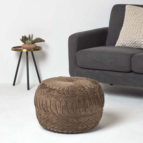 Homescapes (Brown) Sofia Pleated Velvet Pouffe 1