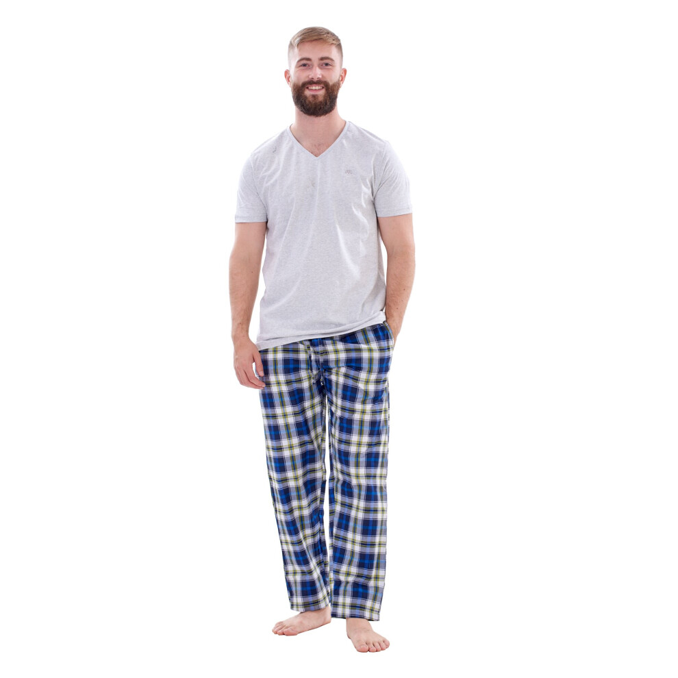 (Grey, M) Malay Mens Nightwear Pyjama Set Woven Cotton Check Jersey Top Loungewear Lightweight