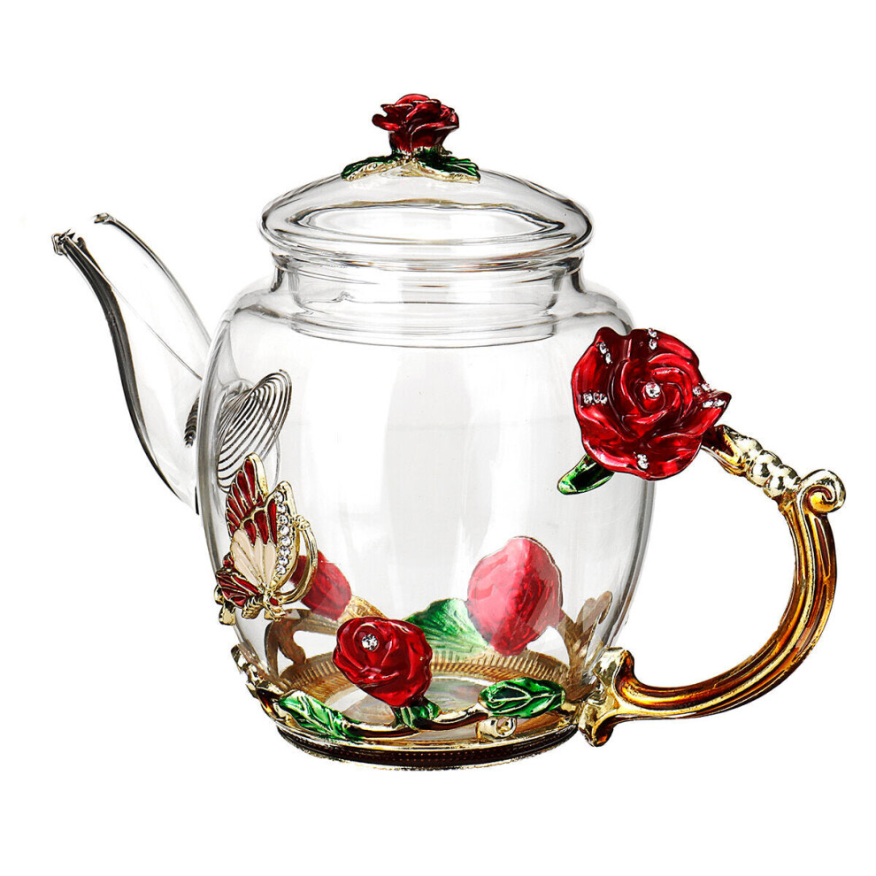 (Blue) 7Pcs Tea Set Wedding Enamel Glass Flower Heat Resistant Coffee Pot Cups Party