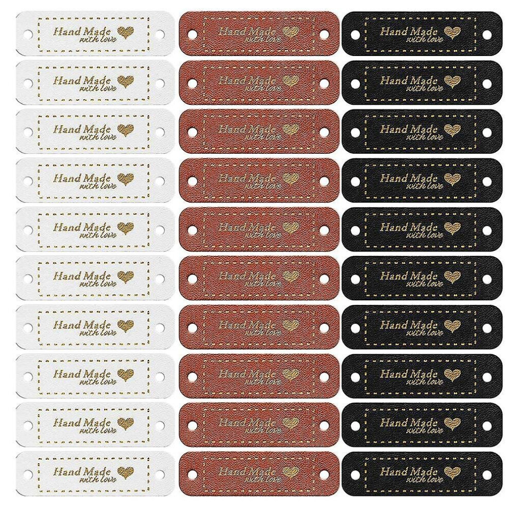 60Pcs Handmade Pu Leather Tags Faux Leather Sew On Labels Embellishment Knit Accessories With Holes Brown/Black