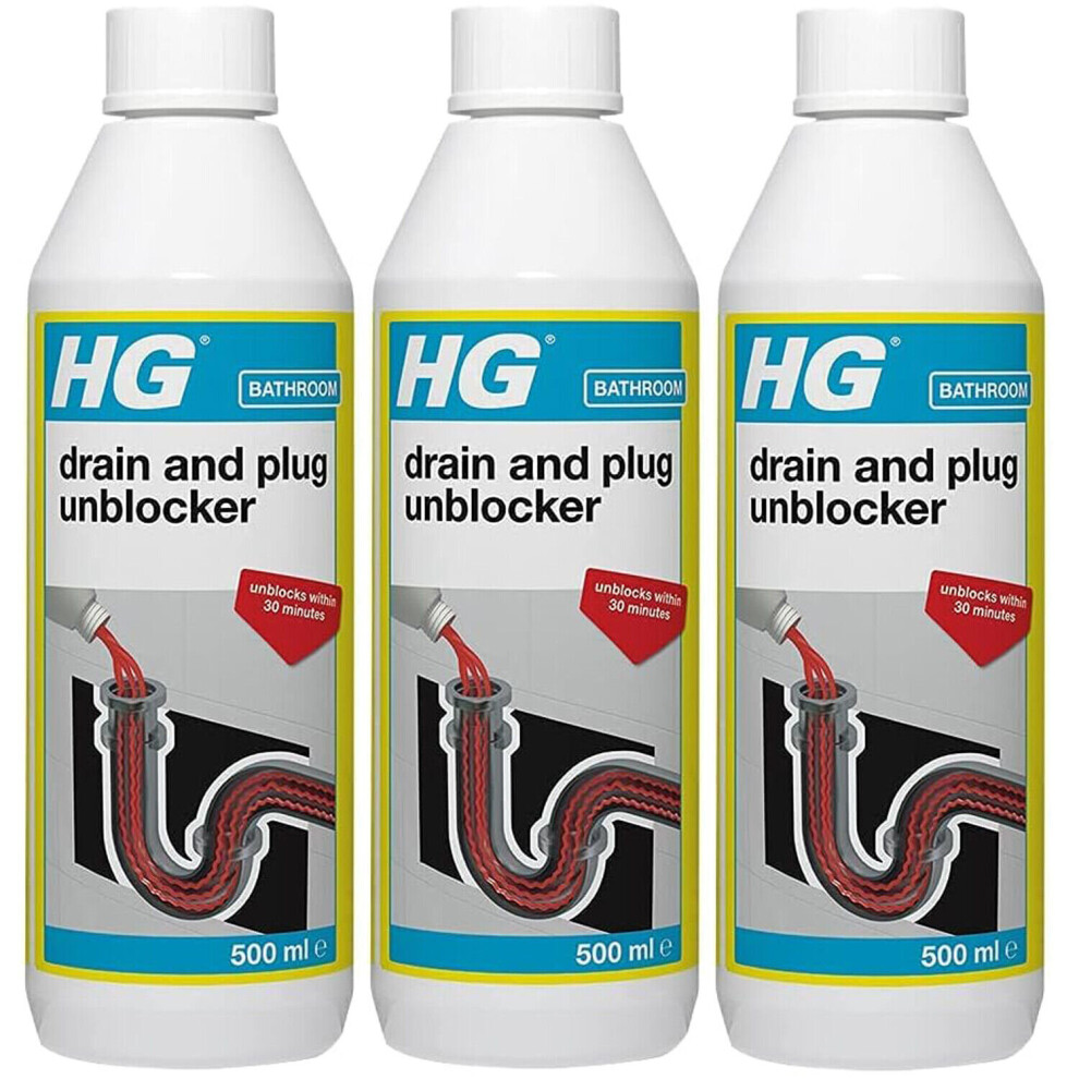 3 x HG Drain And Plug Unblocker for Blocked Drain Pipes in Sinks - 500ml