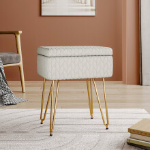 (Beige) Rectangle Upholstered Storage Ottoman Vanity Stool