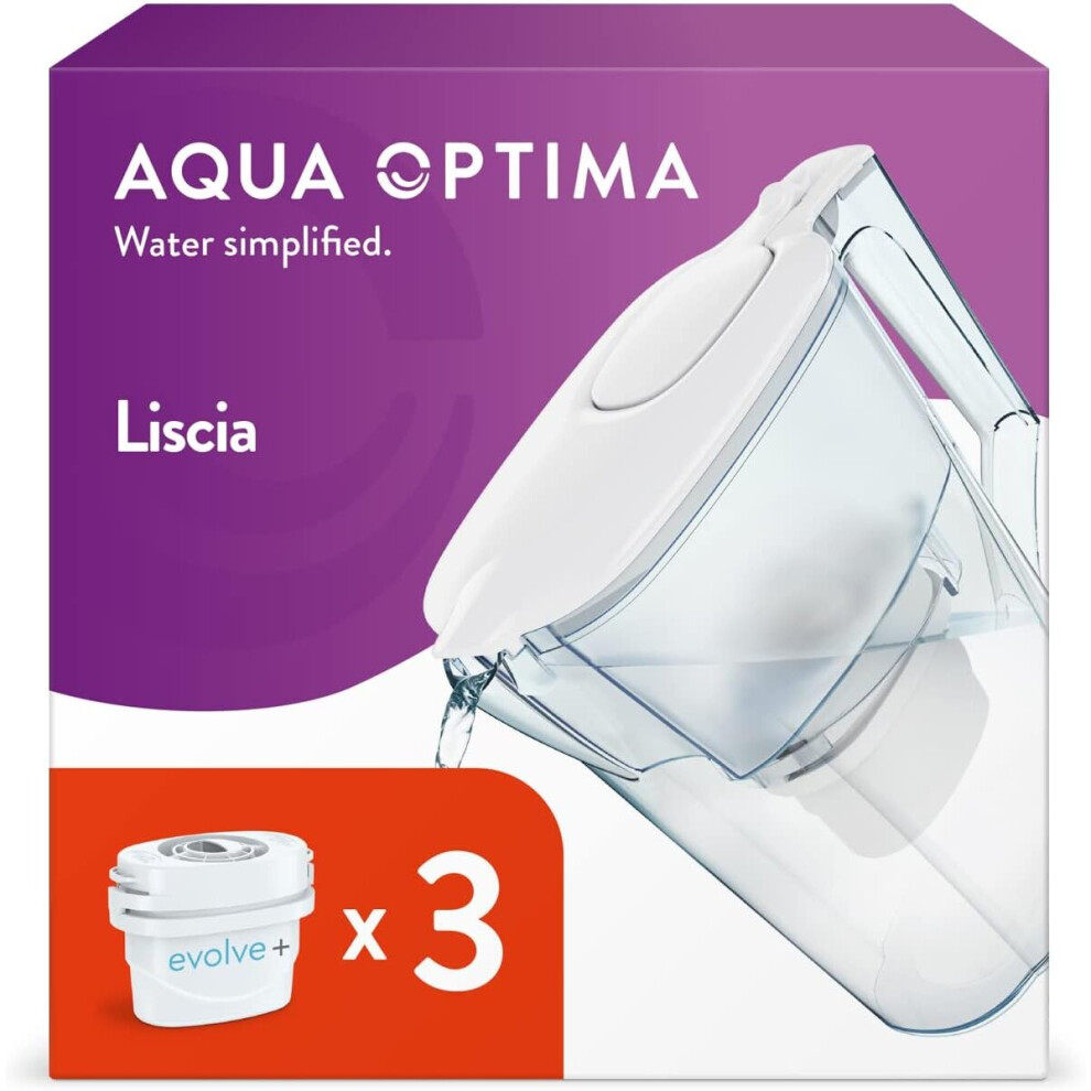 Aqua Optima Liscia Water Filter Jug 3 x 30 Day Evolve+ Filter Cartridges 2.5 Litre Capacity Chlorine Limescale and Impurities White Packaging may vary