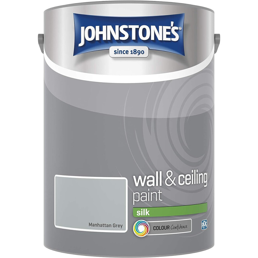 JOHNSTONE'S  Wall/Ceiling Paint Manhattan Grey Silk Finish Emulsion Paint Easy to Apply  Dry in 1-2 Hours 12m2 Coverage per Liter 5L