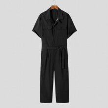 Men Cargo Overalls Lapel Short Sleeve Pockets Loose Casual Jumpsuits Men Solid Streetwear Rompers With Belt