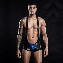 Mens Bodysuit Gay Undershirts PU Leather One-Piece Jumpsuits Wrestling Singlet Leotard Sexy Sexy Jockstrap Male Boxers Underwear