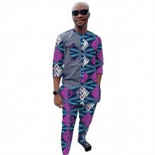 Patchwork Tops With Pants Mens Print Nigeria Style 3/4 Sleeve Shirt Male Groom Suit African Wedding Party Outfits