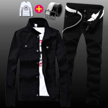 Mens Denim Jacket Jeans Pants Slim Fit 2pcs Set Boys Casual Letters Printed Coat Trousers with Pendant Candy