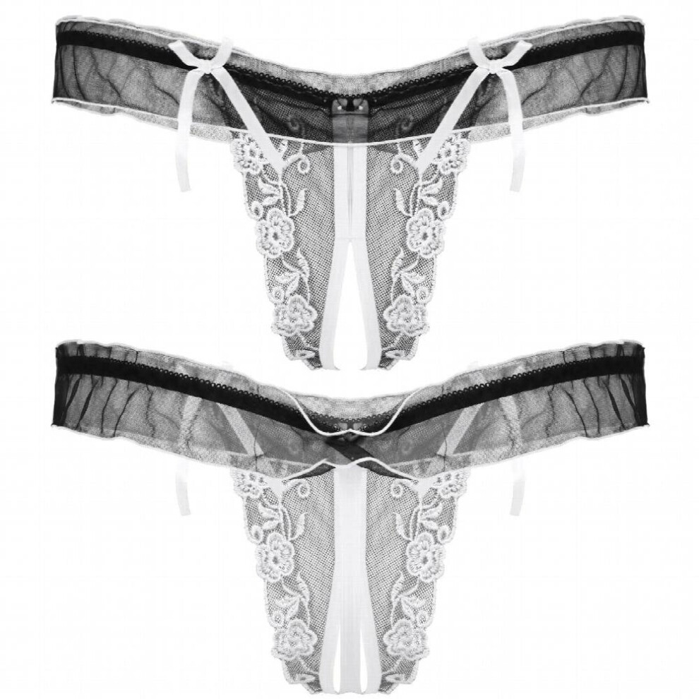 Male Sexy Lingerie Gay Briefs Men Flower Embroidery Crotchless Thongs Lace Trim T-back Bowknot Sissy Underpants Erotic Underwear