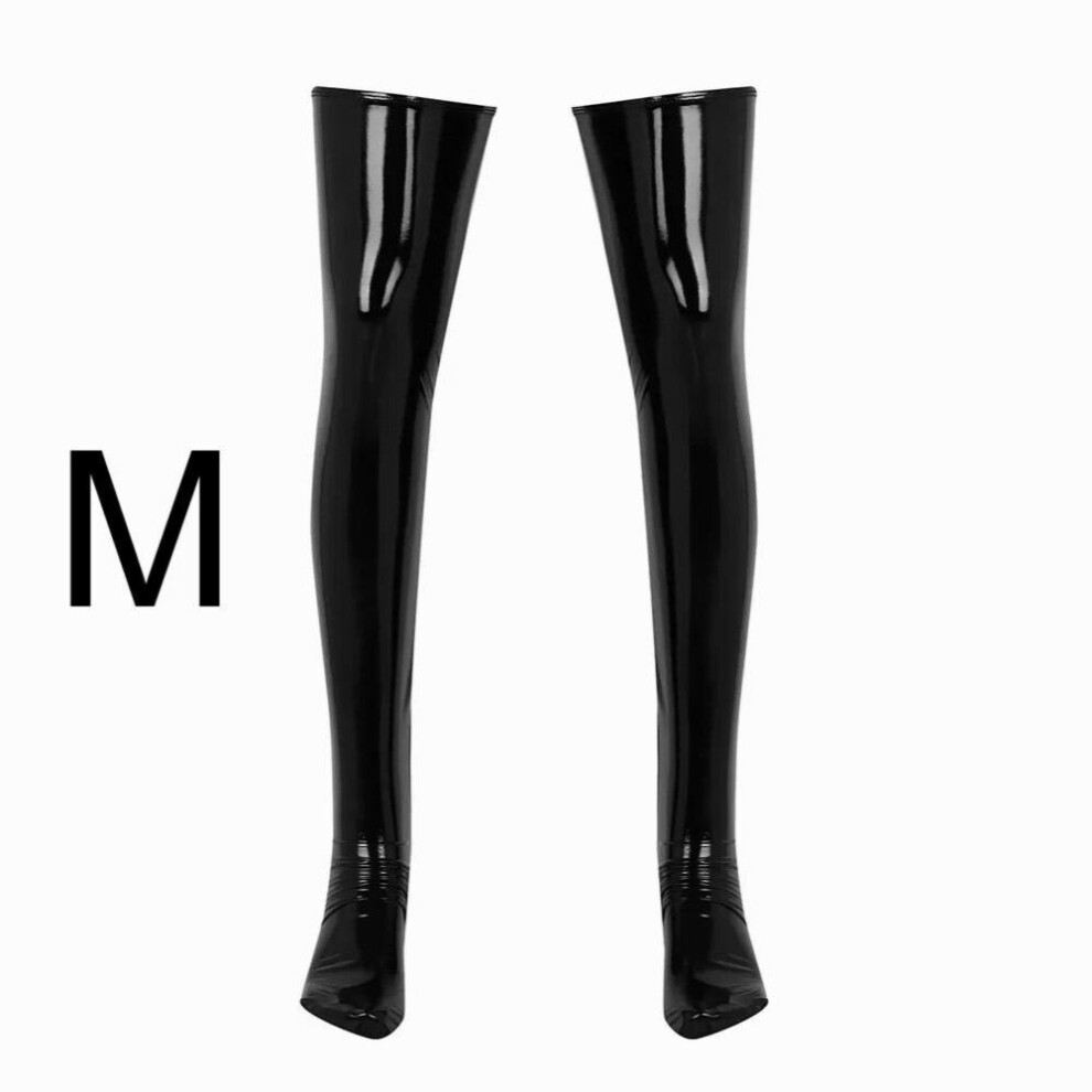 Mens Wetlook Patent Leather Hosiery Socks Anti-skid Soft Thigh High Sexy Stockings Lingerie for Male Erotic Gay Underwear