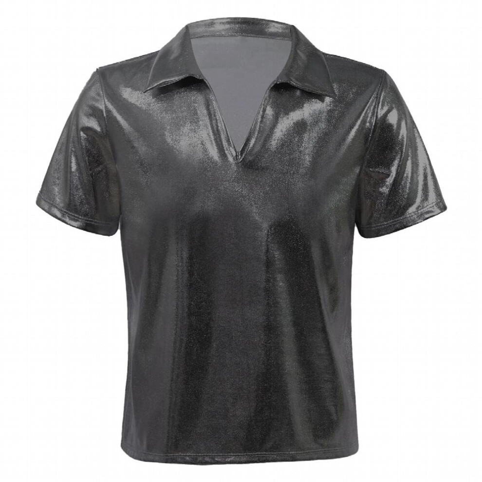 Kids Boys Dance Tops Stage Performance Clothes Short Sleeve Turndown Collar V Neckline Bronzing Cloth Modern Dance Top-image-OPC-PCQTV2B-NEW