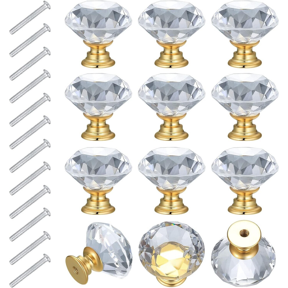 12Pcs Furniture Knob 30Mm Crystal Drawer Knob Golden Furniture Handle, Transparent Cabinet Handles Kitchen Cupboard Handle Crystal Door Knob 7770197805698