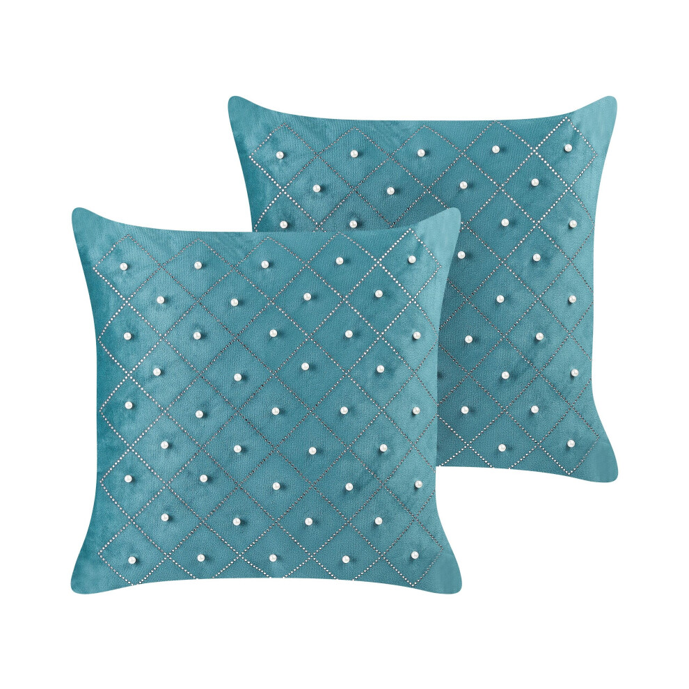 Set of 2 Velvet Cushions 45 x 45 cm Teal YARROW
