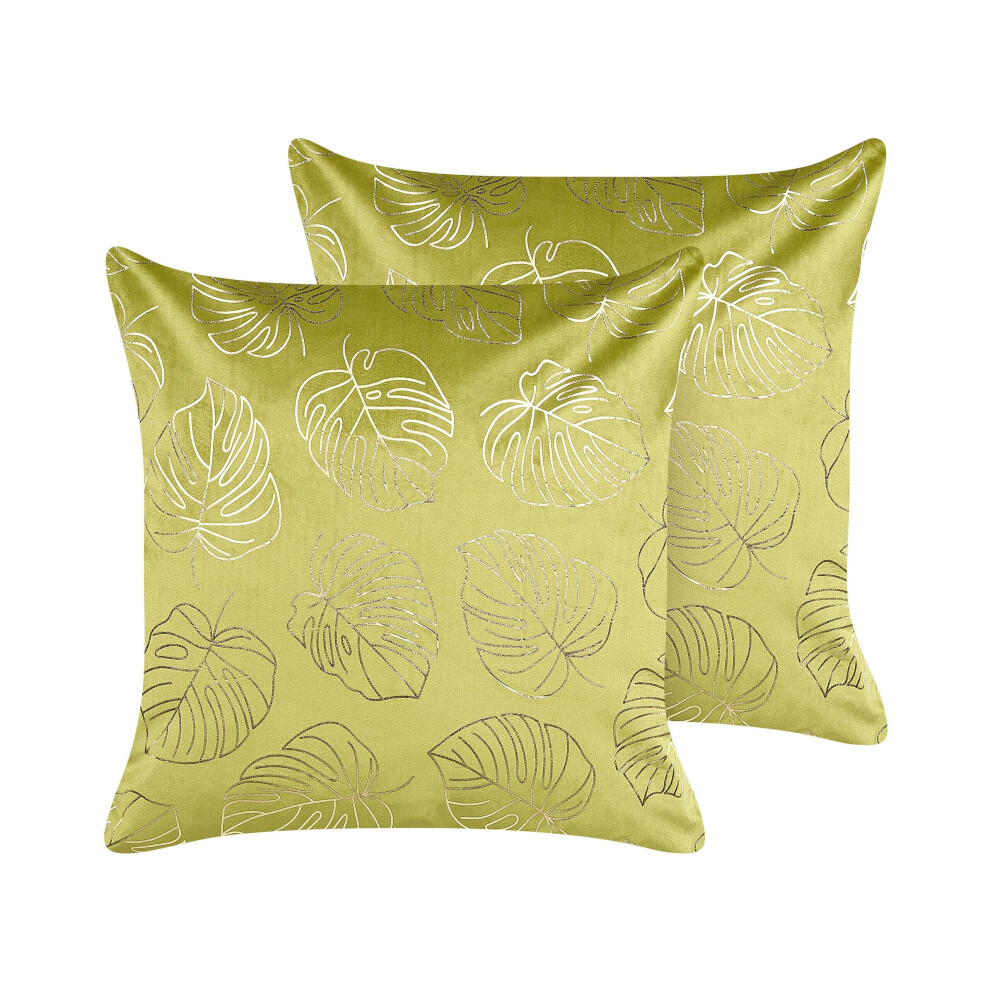 Set of 2 Velvet Cushions Leaf Pattern 45 x 45 cm Light Green MONSTERA