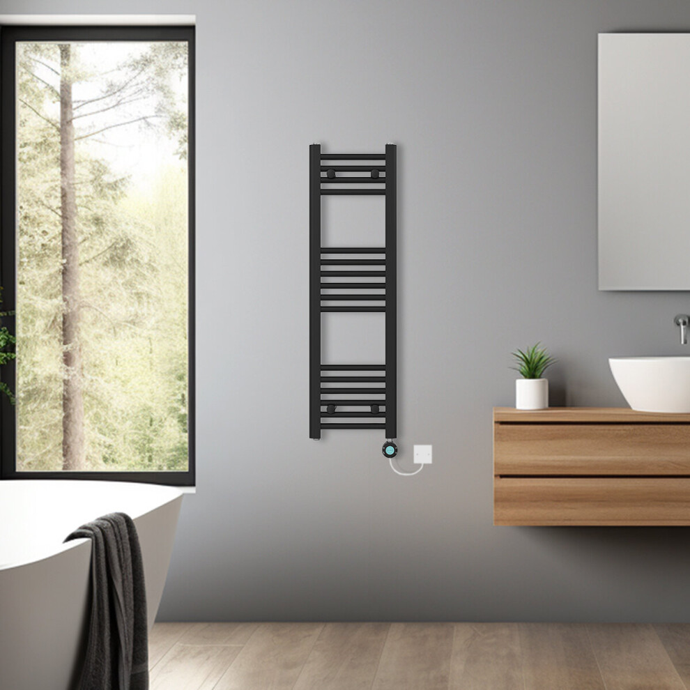 (Black, 1000x300mm) Pre-filled Bathroom Straight Electric Heated Towel Rail Radiator Thermostatic