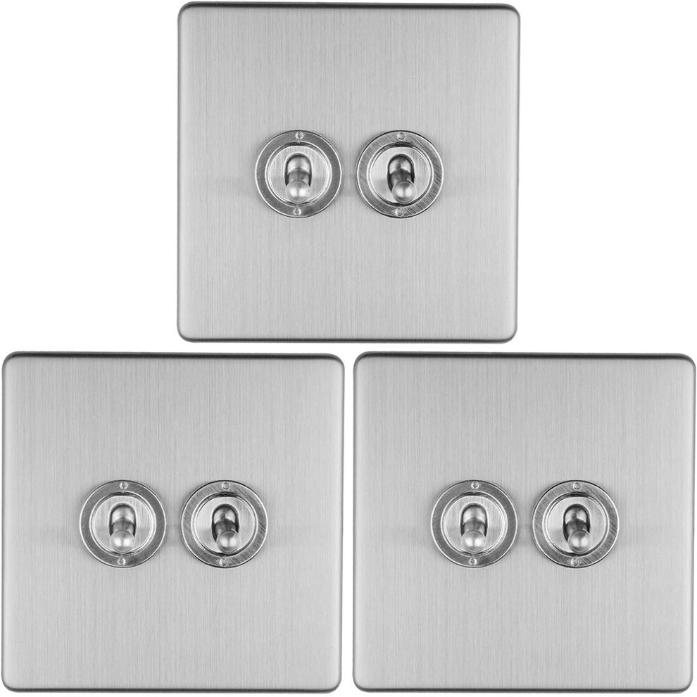 Loops 3 Pack 2 Gang Double Retro Toggle Light Switch Screwless Satin Steel 10A 2 Way