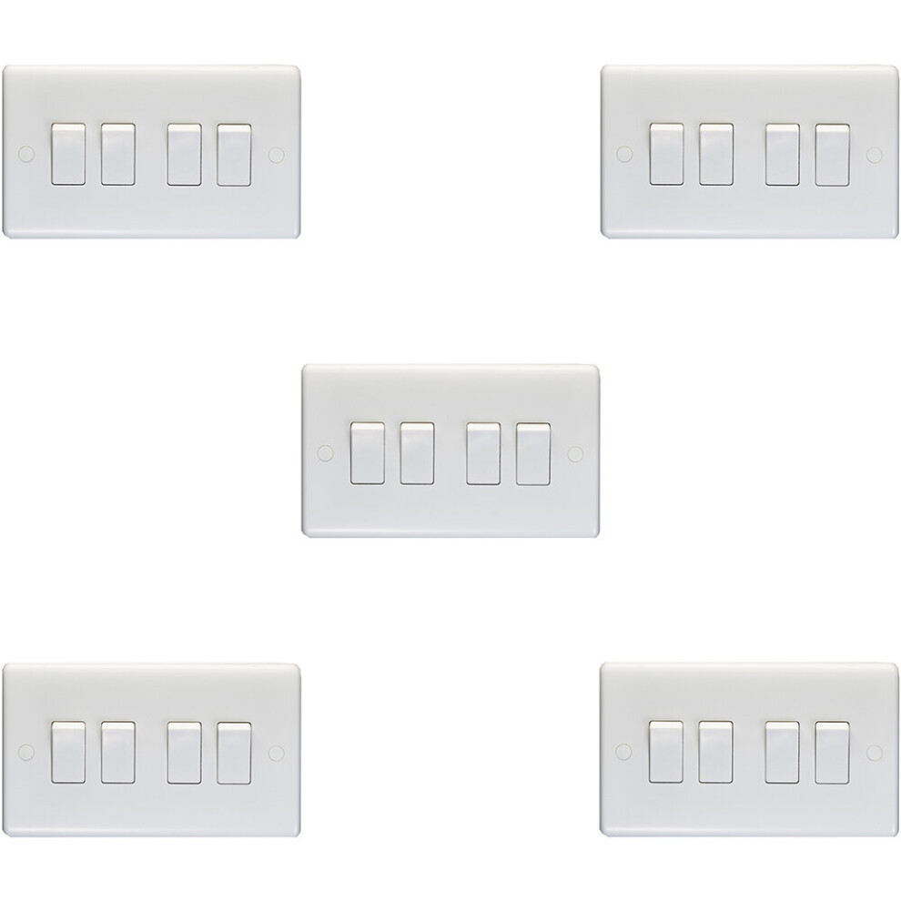 5 PACK 4 Gang Quad 10A Light Switch 2 Way - WHITE PLASTIC Wall Plate Rocker