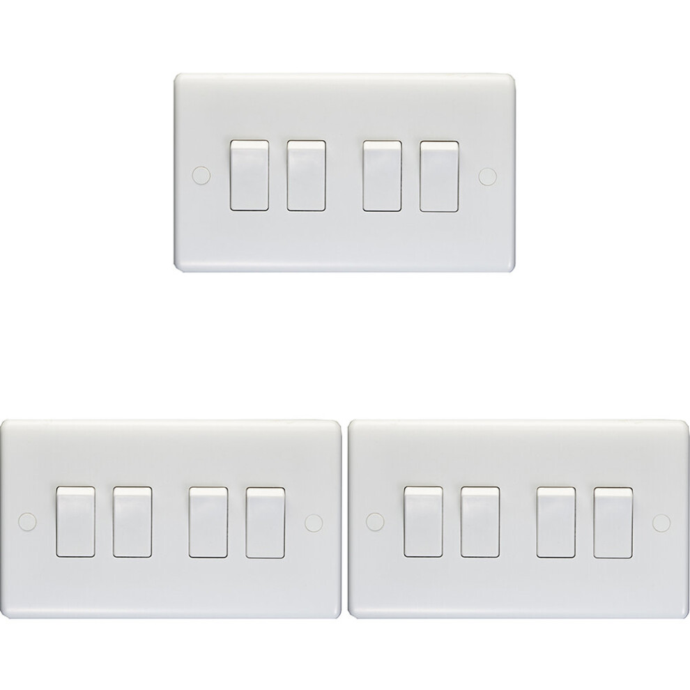 3 PACK 4 Gang Quad 10A Light Switch 2 Way - WHITE PLASTIC Wall Plate Rocker