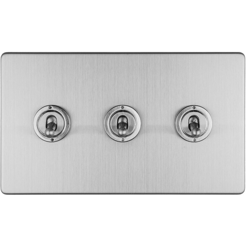 3 Gang Triple Retro Toggle Light Switch SCREWLESS SATIN STEEL 10A 2 Way Lever