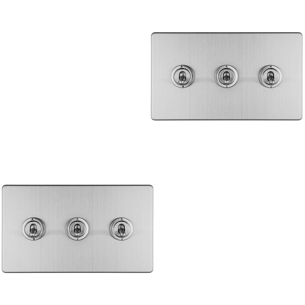 Loops 2 Pack 3 Gang Triple Retro Toggle Light Switch Screwless Satin Steel 10A 2 Way