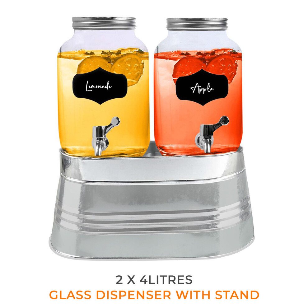 2 x 4 Litre Glass Beverage Drinks Dispenser Jug Jar Lid Juice Cocktail BBQ Party