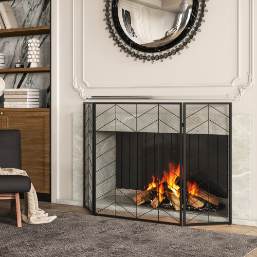 Costway 3-Panel Folding Fireplace Screen Spark Guard W/ Mesh Pattern 132 x 79 CM