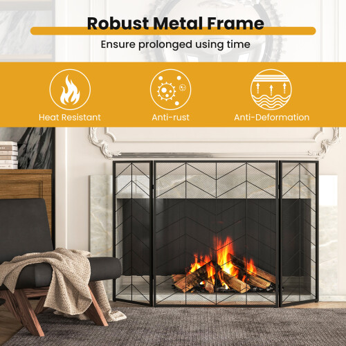 Costway 3-Panel Folding Fireplace Screen Spark Guard W/ Mesh Pattern 132 x 79 CM 2