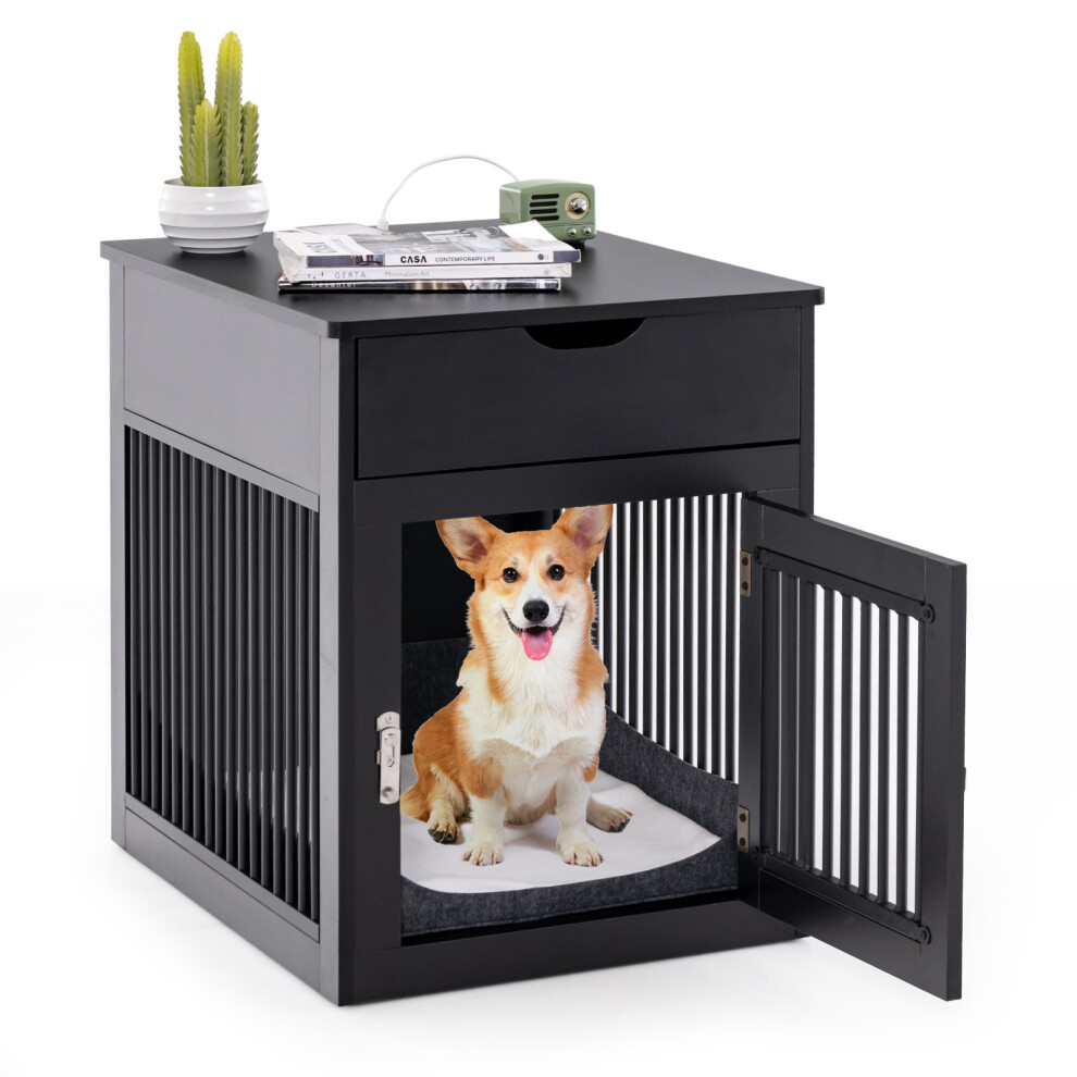 Indoor Dog Crate End Table Dog Kennel w/ Drawer & Wireless Charging