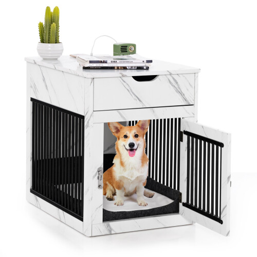 Casart Indoor Dog Crate End Table Dog Kennel w/ Drawer & Wireless Charging