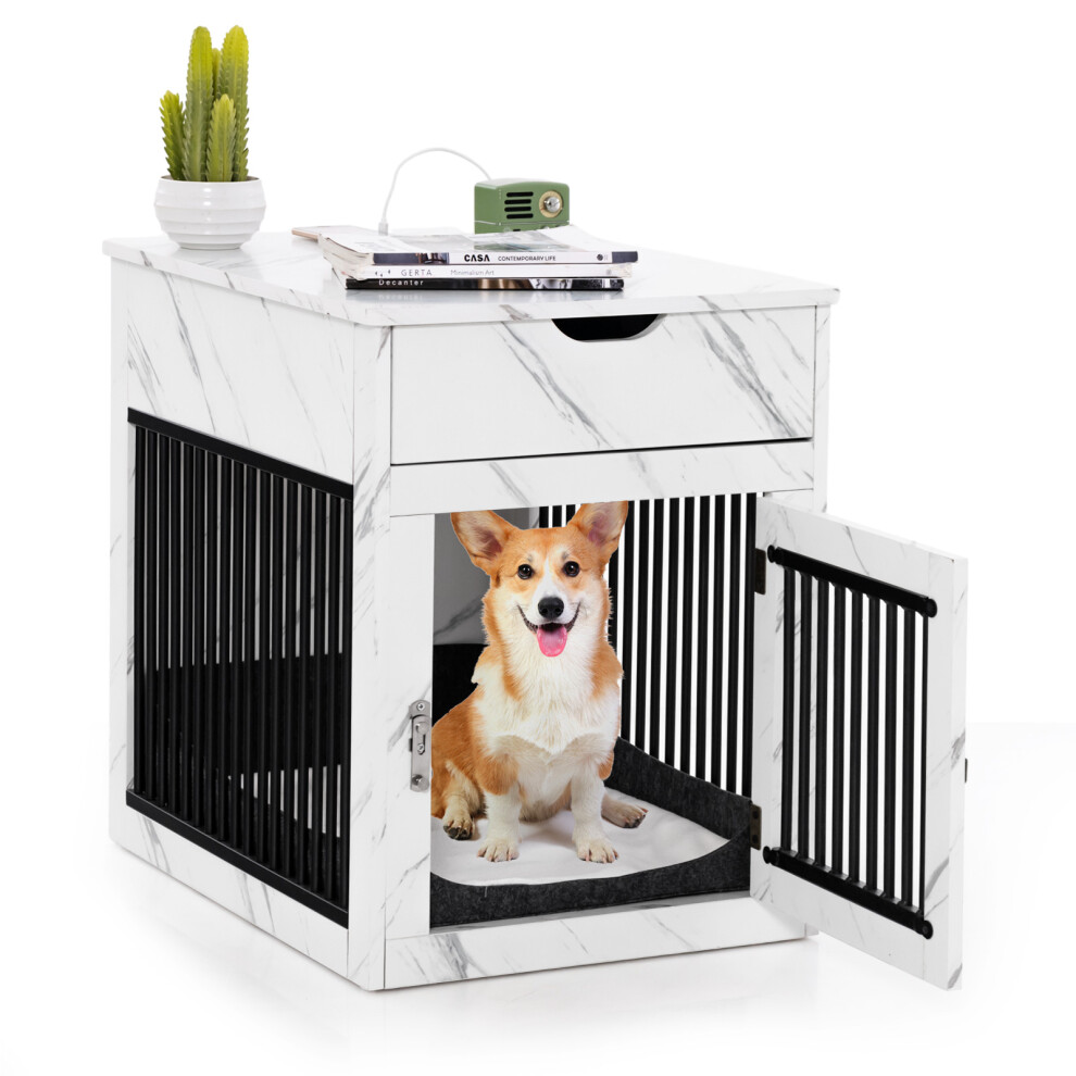 Indoor Dog Crate End Table Dog Kennel w/ Drawer & Wireless Charging