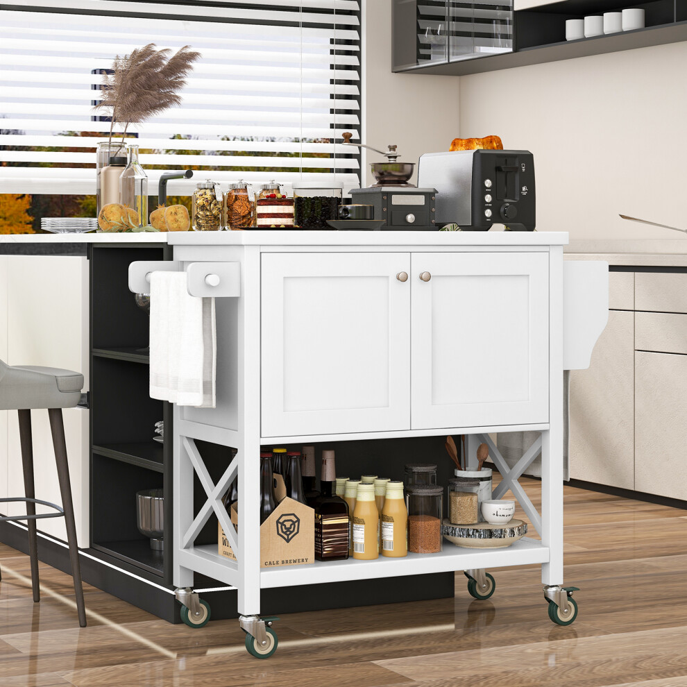 Rustic Style Kitchen Cart W/ 2-Door Cabinet Wooden Trolley W/ Side Rack
