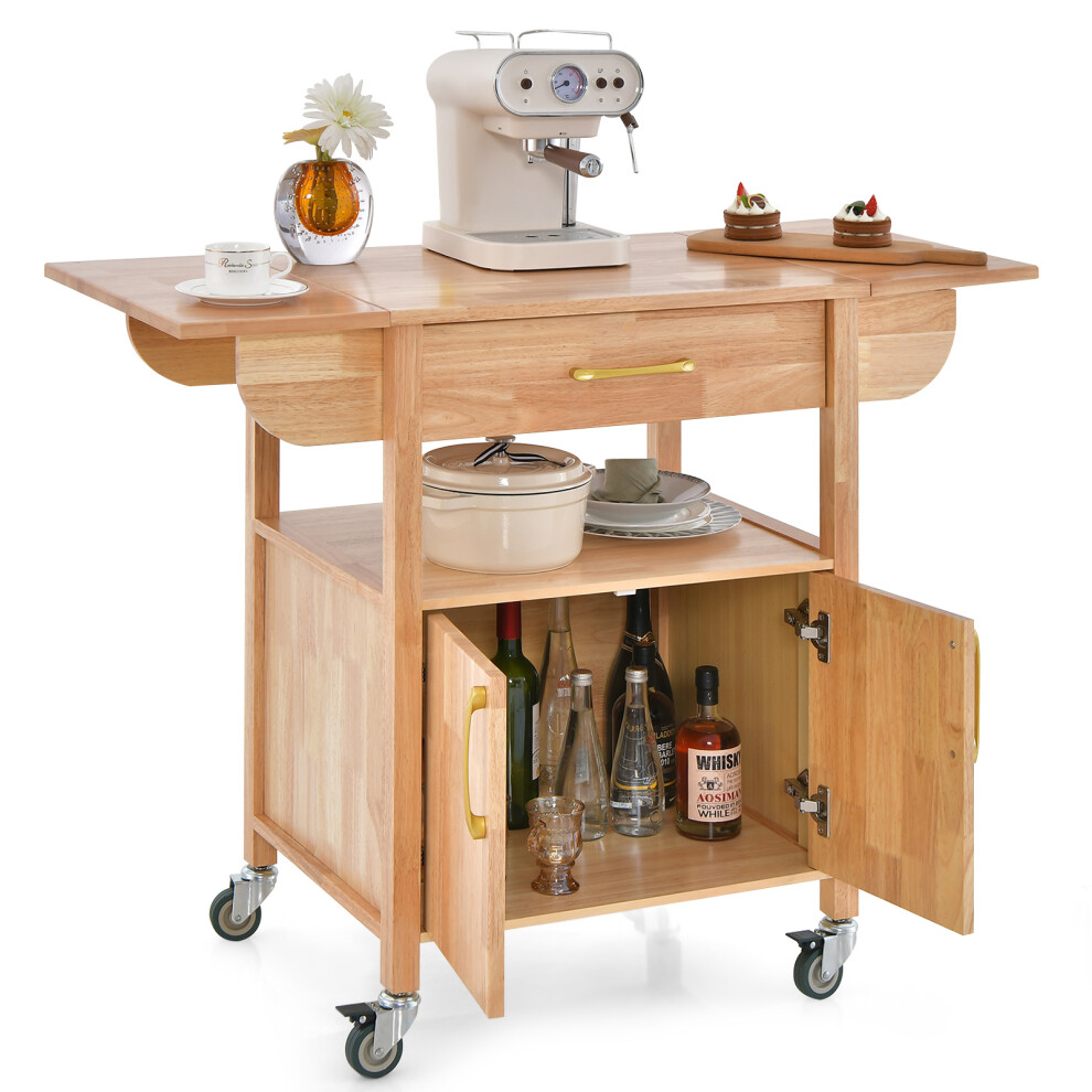 Modern Drop-Leaf Kitchen Cart Shelves Trolley W/ 2-Door Cabinet & Drawer