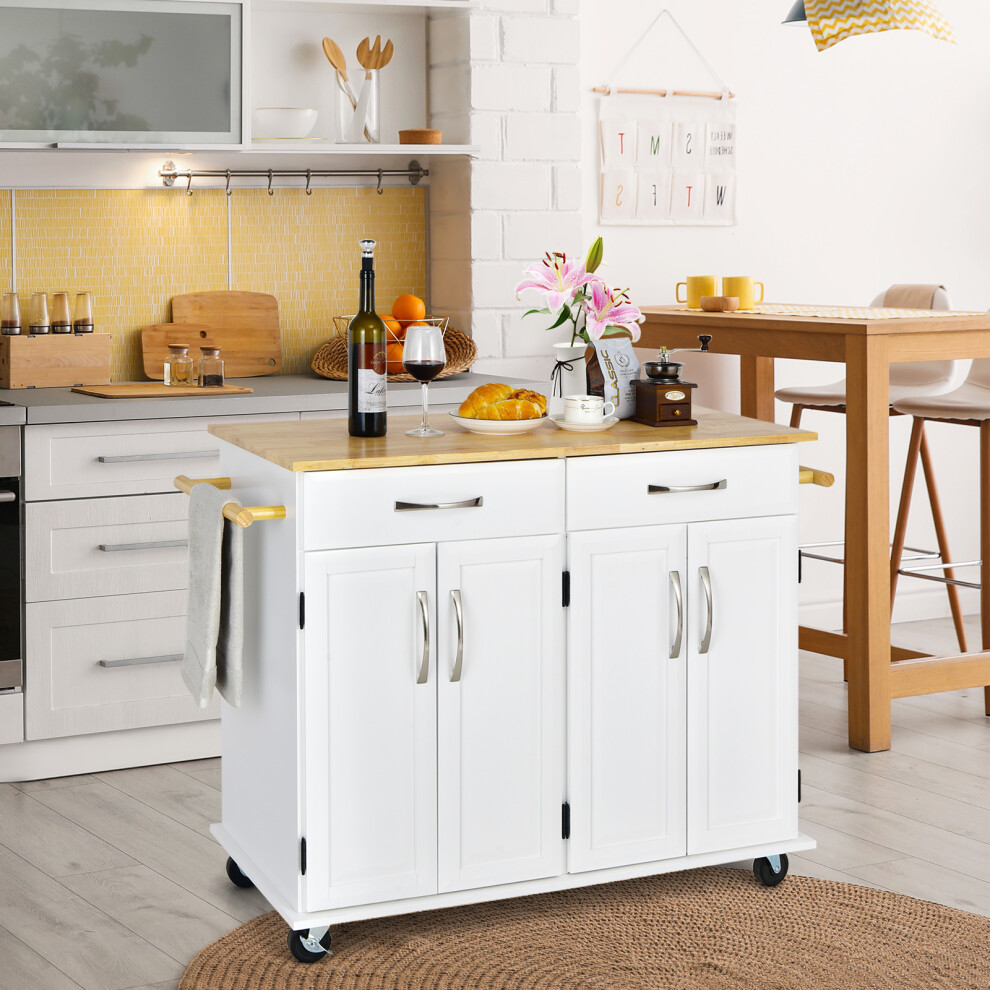 Wooden Kitchen Trolley Kitchen Island w/ 2 Drawers & 2 Double-Door Cabinet