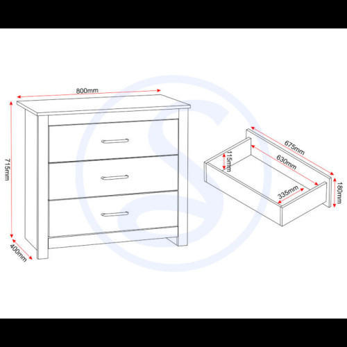 Seconique Portland 3 Drawer Chest in Grey with Oak Effect Finish 2